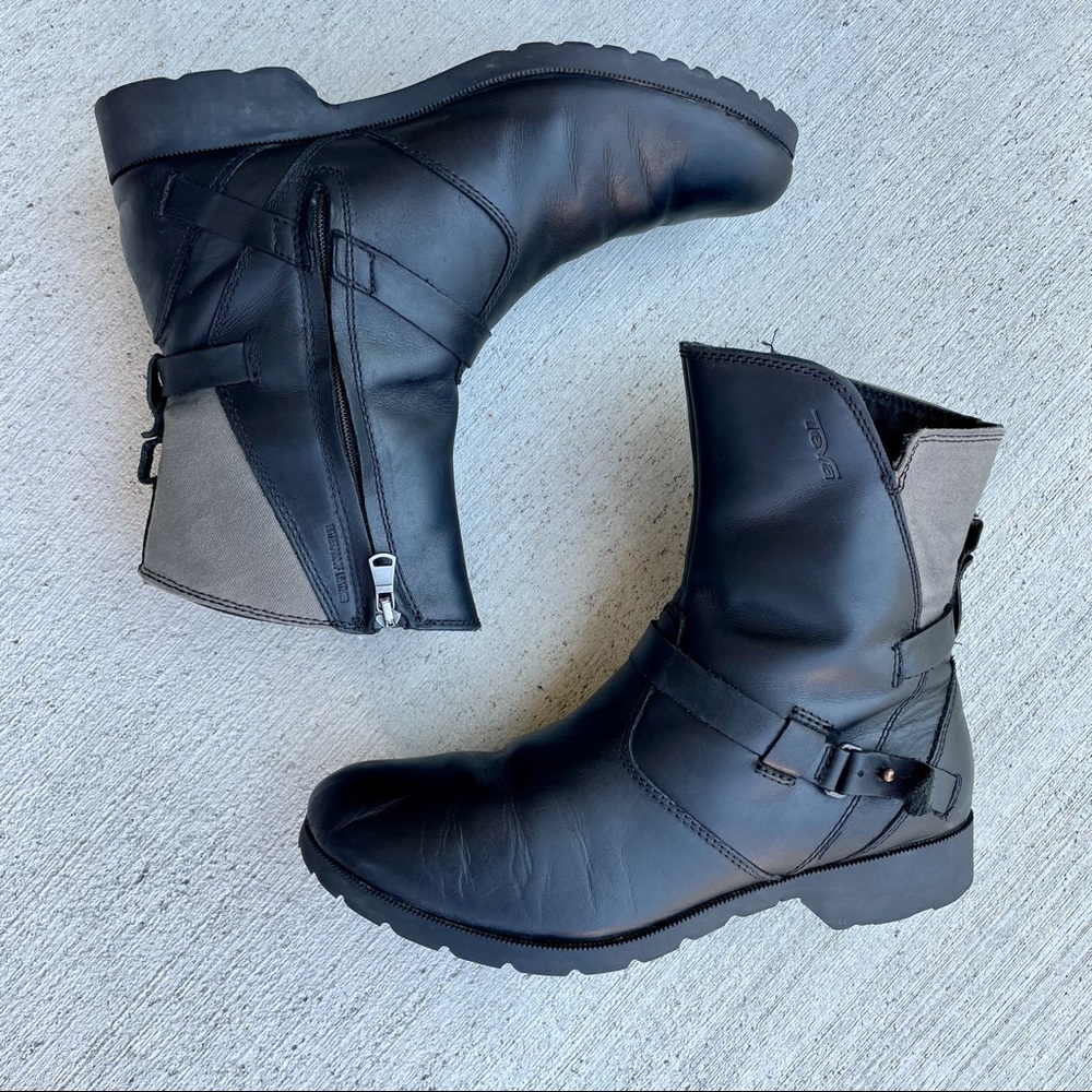 Teva De La Vina Black Leather Green Khaki Canvas Moto Boots Women’s 8.5